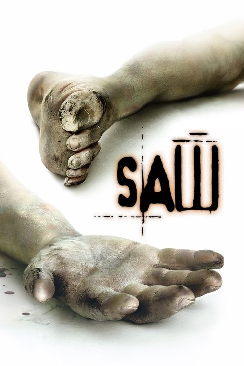 The poster features two pale, decaying hands and feet against a stark white background, evoking a horror atmosphere. The title "SAW" is prominently displayed in bold, dripping letters, adding to the unsettling mood.