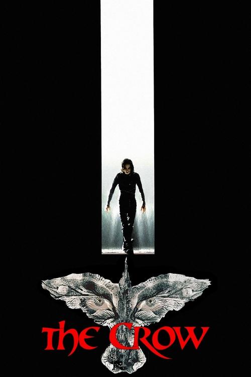 The dark poster features a lone figure standing in a stark white doorway, surrounded by shadow and mystery. The title "The Crow" appears in bold red letters at the bottom, evoking a sense of ominous power and intrigue.