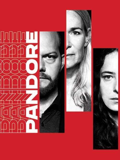 The poster features three black-and-white portraits against a bold red background, evoking mystery and intrigue. The word "Pandora" is prominently displayed vertically in white, suggesting a suspenseful narrative. The composition leaves room for viewers to imagine the characters' dynamic and the ...
