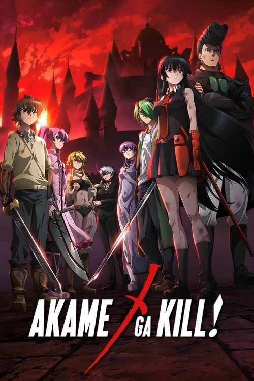 This anime poster features a dramatic scene with a group of young characters standing against a fiery, ominous sky. The characters are depicted in dynamic poses, some wielding weapons, suggesting action and adventure. The intense red and black color scheme creates a sense of danger and urgency, w...