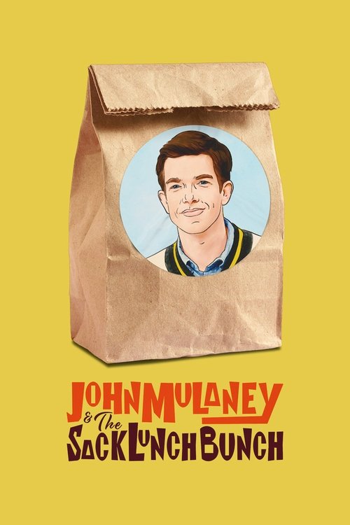 The poster features a brown paper bag with a circular illustration of John Mulaney, set against a vibrant yellow background. The bold red and black text at the bottom reads "JOHN MULANEY & THE SACK LUNCH BUNCH," evoking a casual, nostalgic atmosphere.