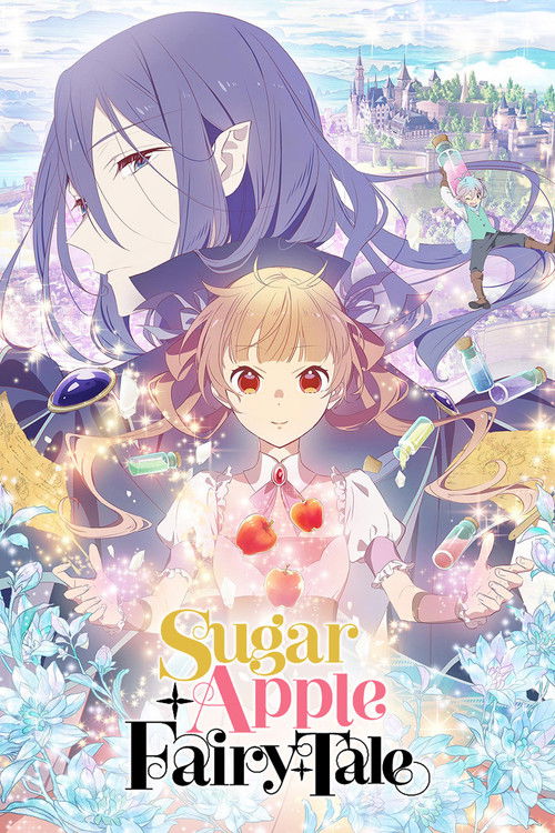 This anime poster features a magical fantasy scene with a large purple-haired character in the background and a young girl with red eyes in the foreground. The vibrant colors of pink, blue, and gold create a dreamy atmosphere, suggesting a whimsical and enchanting story.