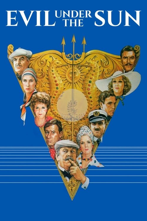 The poster features a vibrant blue background with a golden, sun-like triangle at the center. Surrounding the triangle are various characters in period costumes, suggesting a historical drama. The title "Evil Under the Sun" is prominently displayed in bold white letters. The overall mood is myste...