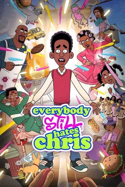 This vibrant poster features a diverse group of animated characters in a chaotic, colorful scene. The central figure, Chris, stands out with his bright red shirt and expressive face, surrounded by lively characters in various outfits. The background is filled with dynamic elements like floating o...