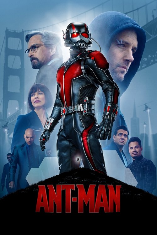 The poster features a striking Ant-Man in a red and black suit, standing confidently against a backdrop of the Golden Gate Bridge. Surrounding him are various characters, including a man in a hoodie and others in casual attire, all contributing to a dynamic and adventurous atmosphere. The image c...