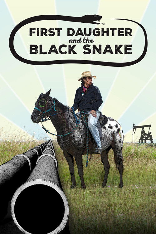 The poster features a cowboy in a hat riding a spotted horse against a bright, sunlit sky. A large, dark gun barrel dominates the bottom left corner, hinting at action. The title "First Daughter and the Black Snake" is prominently displayed in bold, black text within a white oval. The overall moo...