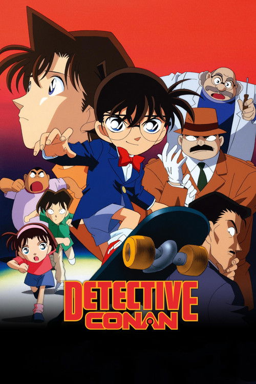 This vibrant poster showcases the iconic Detective Conan characters in a dynamic composition, with red and orange hues creating an energetic atmosphere. The central figures of Conan, his loyal friend, and the mysterious detective stand out against the colorful background, capturing the show's adv...