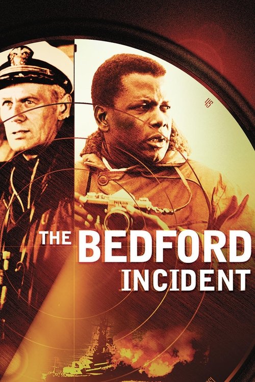 The poster features two men in dramatic poses against a fiery background, with the title "The Bedford Incident" prominently displayed. The warm, intense colors evoke a sense of urgency and danger, capturing the film's thrilling action and suspenseful atmosphere.