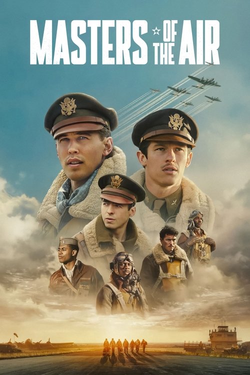 The poster features a group of pilots in uniform against a dramatic sky, with a fighter jet soaring overhead. The warm sunset colors evoke a sense of adventure and heroism, while the confident expressions of the characters suggest determination and camaraderie.