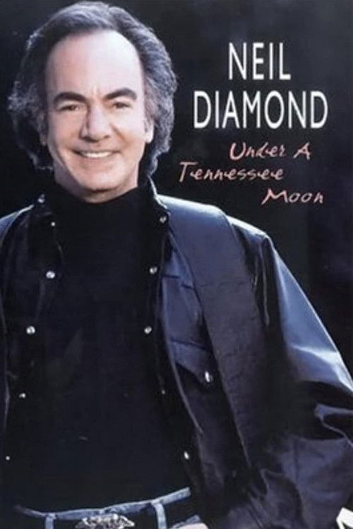 The poster features Neil Diamond in a black turtleneck and leather jacket, exuding a cool, sophisticated mood. The dark background contrasts with the warm, golden tones of the moonlit text, evoking a romantic and timeless atmosphere. The image captures his gentle smile and confident demeanor, sug...