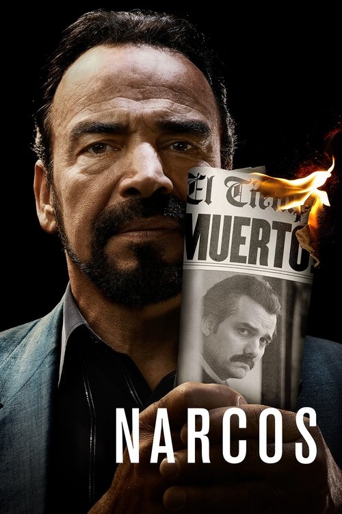 The poster features a stern man with a beard holding a newspaper titled "El Tiempo Muerto" against a dark background. The fiery newspaper and intense expression convey a sense of suspense and drama, emphasizing the gritty, high-stakes nature of the crime drama.