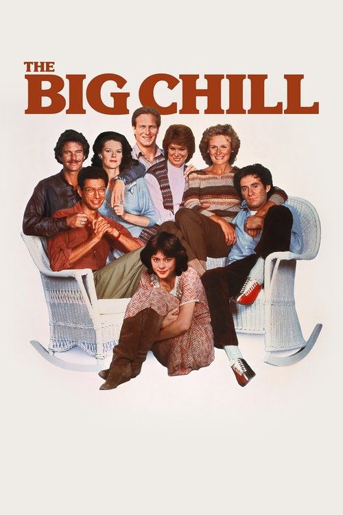 The poster features a group of eight characters seated on rocking chairs, exuding a relaxed, carefree vibe. Warm tones of orange, brown, and beige dominate the image, evoking nostalgia and warmth. The characters' casual attire and relaxed postures suggest a laid-back, perhaps humorous tone.