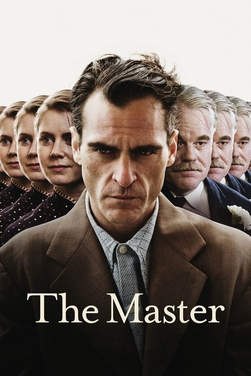 The movie poster features a man in a brown suit with a serious expression, surrounded by a group of people in various poses. The colors are muted, with browns, grays, and dark tones creating a somber atmosphere. The title "The Master" is prominently displayed at the bottom.
