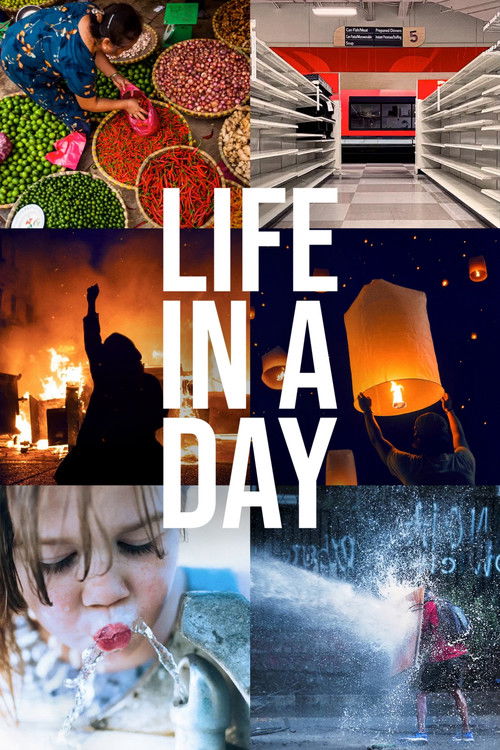 The poster features vibrant colors and diverse scenes, capturing the essence of daily life. People are depicted in various activities, from cooking to reading, evoking a sense of warmth and community. The title "Life in a Day" is prominently displayed, suggesting a celebration of everyday moments.