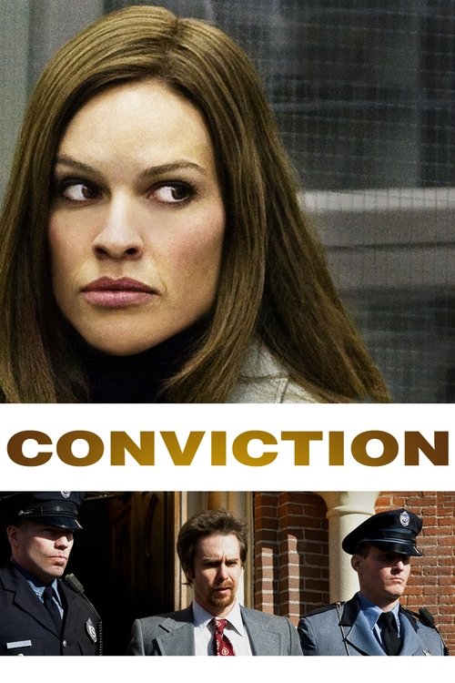 The poster features a woman with a serious expression against a blurred background, while three men in suits stand below, suggesting a courtroom setting. The warm golden text "CONVICTION" dominates the lower section, evoking a dramatic and serious tone.