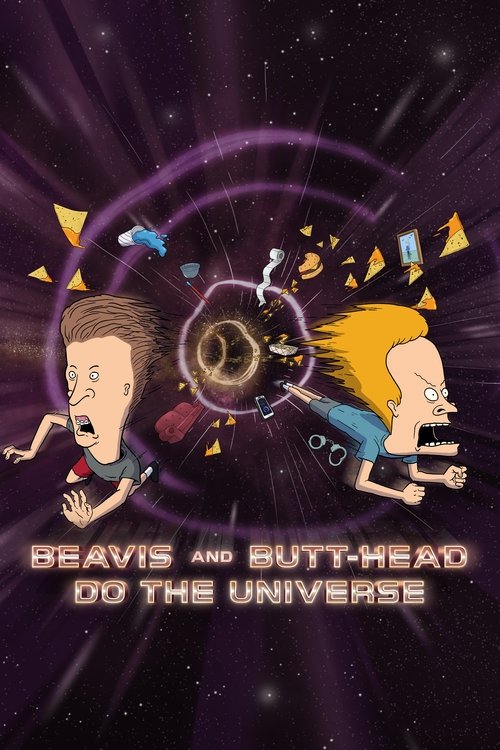 The poster features Beavis and Butt-Head in a cosmic setting, surrounded by swirling purple and blue cosmic energy. Their expressions convey excitement and wonder as they explore the universe. The vibrant colors and dynamic composition evoke a sense of adventure and wonder.
