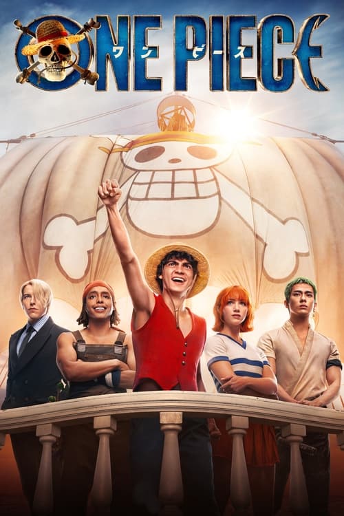 The poster features a vibrant scene with five characters standing on a balcony, exuding excitement and camaraderie. The warm golden hues of the background contrast with the cool tones of the characters' attire, creating a dynamic visual. The title "ONE PIECE" is prominently displayed at the top, ...