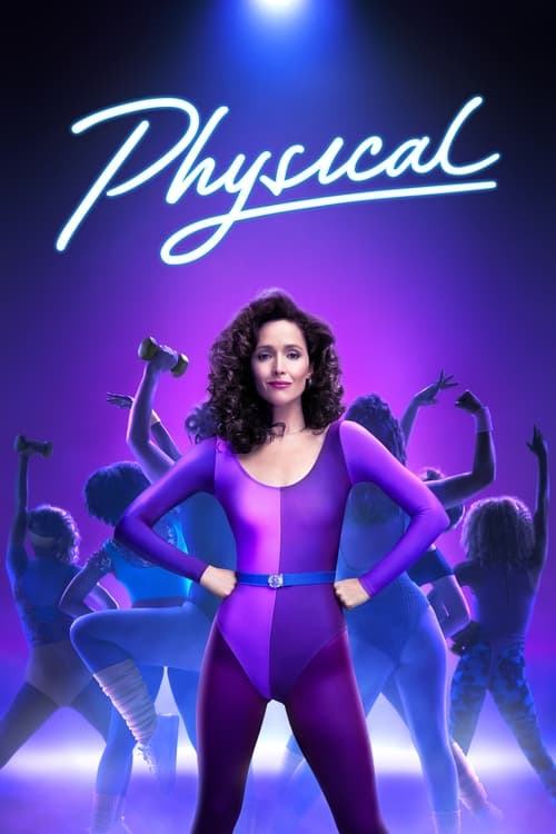 The poster features a confident woman in a purple bodysuit against a vibrant purple background. Silhouettes of dancers in various poses surround her, suggesting an energetic dance performance. The title "Physical" is elegantly written in white cursive at the top, conveying a sense of movement and...