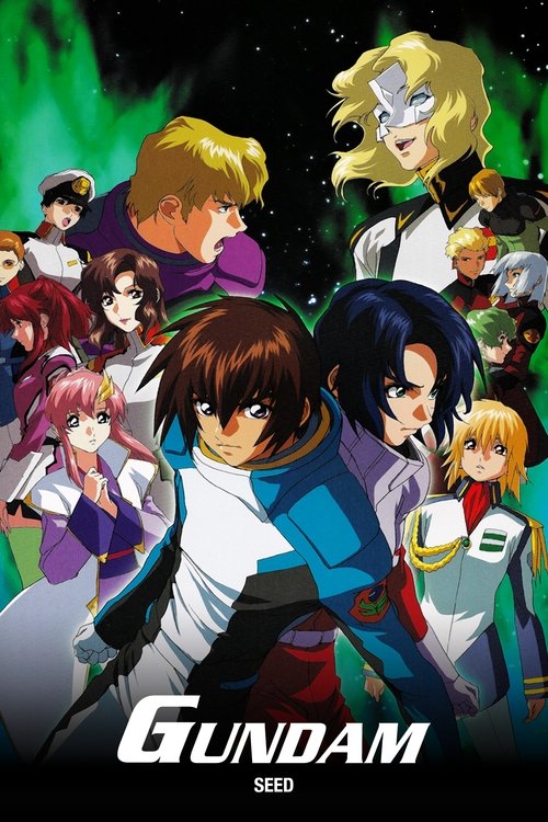 This poster showcases the iconic "Gundam SEED" anime, featuring a dynamic group of characters in vibrant colors against a starry backdrop. The central figure stands out with his determined expression, while others around him display diverse emotions and styles. The overall mood is one of adventur...