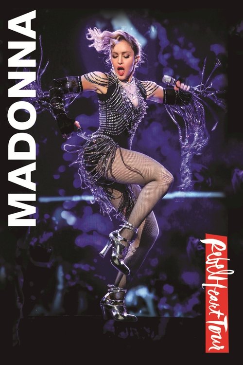 Madonna's vibrant stage presence dominates the poster, her dynamic pose and sparkling hair capturing the essence of her iconic performance. The dark background with purple hues creates a dramatic atmosphere, emphasizing her bold and powerful presence. The bold red and white text highlights the to...