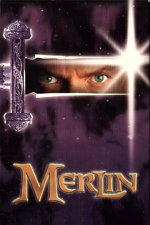 The poster features a mysterious figure with glowing green eyes peeking through a sword's blade, set against a starry purple backdrop. The title "Merlin" glows in gold lettering, evoking a fantasy atmosphere with a sense of intrigue and ancient mystery.