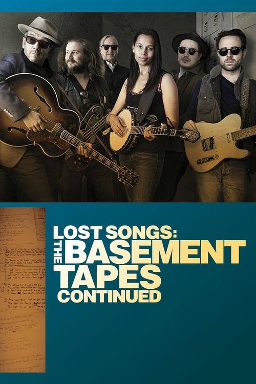 The poster features a band of musicians with guitars, exuding a cool, noir atmosphere. The dark teal background contrasts with the warm tones of their clothing, creating a moody, cinematic feel. The title, "Lost Songs: The Basement Tapes Continued," is prominently displayed in bold, white and yel...