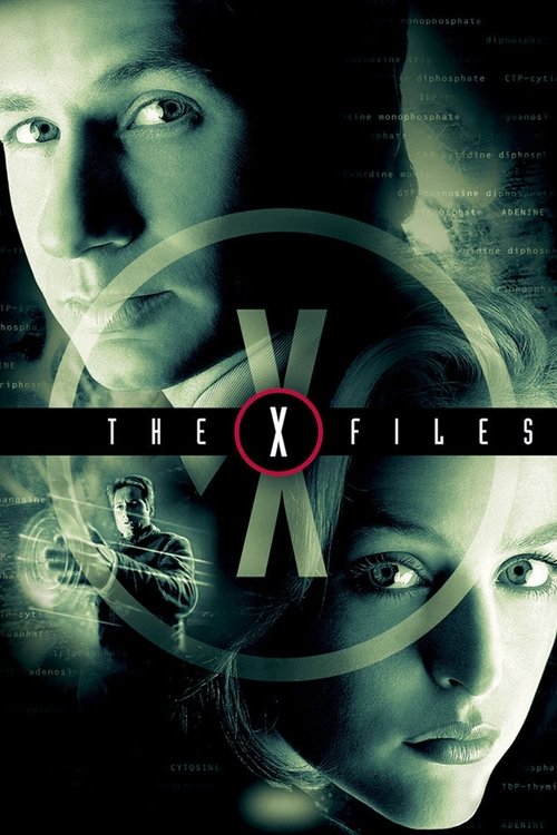 The X-Files poster features a hauntingly beautiful image of two women with intense, ethereal eyes against a dark, moody background. The color palette is dominated by deep blacks and cool greys, creating a mysterious and suspenseful atmosphere. The title "The X-Files" is prominently displayed in w...