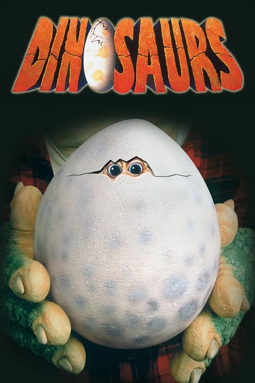 The poster features a large, pale egg with a curious eye peeking out, surrounded by small, yellow dinosaur-like figures. The egg has a blue speckled pattern, and the background is dark with a red plaid texture. The title "Dinosaurs" is written in bold, fiery orange letters at the top.