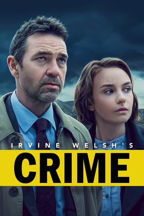 The poster features two characters in a somber, noir-style setting against a dark, moody sky. The man on the left wears a trench coat and tie, while the woman beside him has a serious expression. The bold yellow banner with "CRIME" in large black letters dominates the lower portion, evoking a sen...