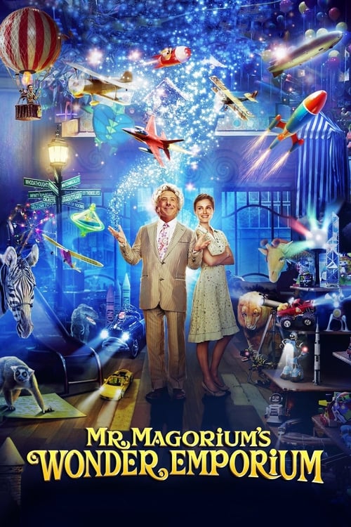 The poster features two characters in a whimsical, magical Emporium setting. The scene is filled with vibrant colors like blue, purple, and gold, creating a dreamy atmosphere. A hot air balloon floats above, while rockets and flying saucers add to the fantastical wonder. The title "Mr. Magorium's...