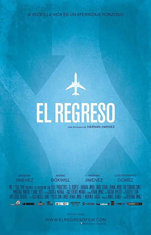 The Return poster features a serene blue gradient with a central airplane silhouette and the film's title in bold white letters. The bottom section lists cast and crew names against a dark background, creating a mysterious and cinematic atmosphere.