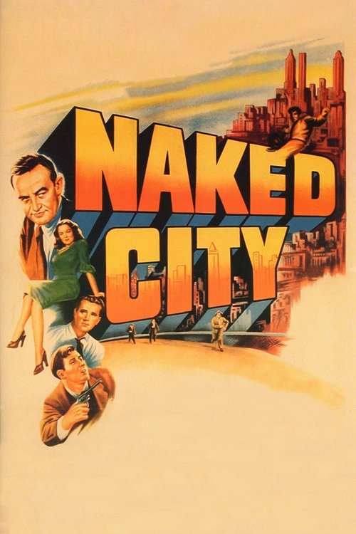 This vintage movie poster features a man in a green shirt and a child in a brown shirt running toward the viewer, with a cityscape in the background. The poster uses bold, colorful typography to create a sense of urgency and excitement, evoking a classic film noir atmosphere.