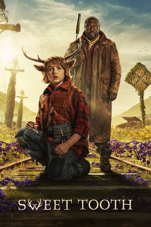 The poster features a young boy with antlers kneeling on train tracks, surrounded by purple flowers, while a rugged man stands behind him holding a rifle. The warm, golden lighting and earthy tones evoke a sense of adventure and nostalgia, capturing the essence of the show's blend of fantasy and ...