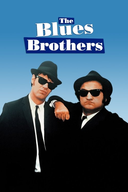 The poster features two men in black suits and hats, exuding a cool, mysterious vibe. The deep blue background contrasts with their dark clothing, creating a striking visual. The title "The Blues Brothers" is prominently displayed in bold white letters, emphasizing the film's comedic and musical ...