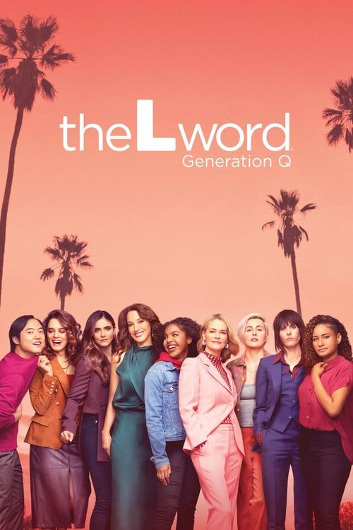 The L Word poster features a group of diverse women standing in front of a warm sunset sky with palm trees. The vibrant colors of their outfits range from pink to teal, creating a lively and energetic atmosphere. The mood is confident and stylish, reflecting the show's focus on diverse voices and...