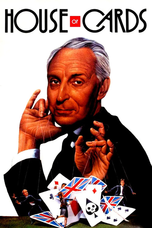 This poster features a man in a black suit with white hair, holding cards and looking thoughtful. The dark background contrasts with the bright red title "HOUSE OF CARDS" at the top. The mood is mysterious and dramatic, capturing the essence of the show's intrigue.