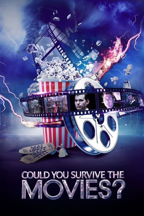 The poster features a dramatic scene with a popcorn bucket surrounded by film reels, lightning, and movie stars. The dark, stormy background with vibrant colors like purple, blue, and pink creates an intense and adventurous mood. The question at the bottom invites viewers to imagine themselves in...