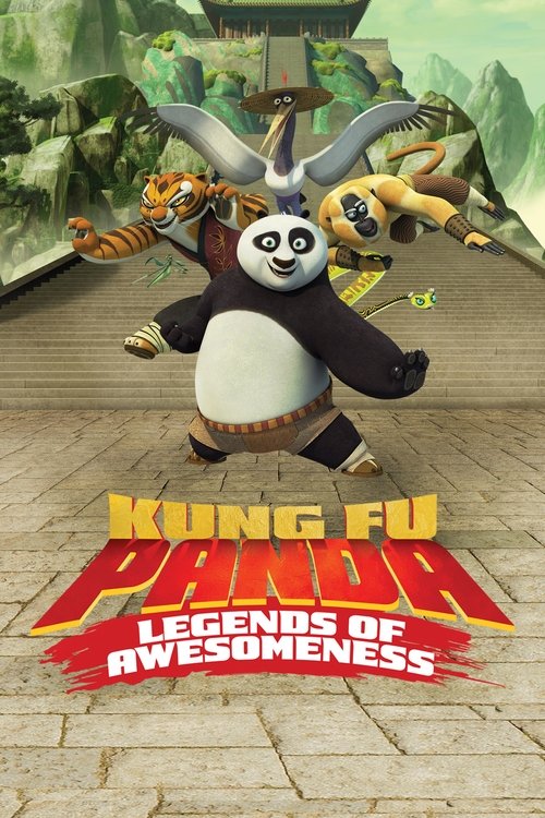 The poster features a dynamic scene with a panda character in mid-action, surrounded by other characters in motion. Vibrant colors like reds, yellows, and greens create an energetic atmosphere. The mood is adventurous and exciting, capturing the spirit of action and adventure.