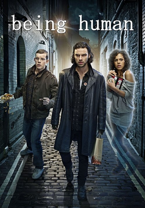 The poster features three characters walking down a cobblestone alleyway, with a mysterious, atmospheric mood. The warm tones of their clothing contrast with the cool, muted background, creating a sense of intrigue and mystery.