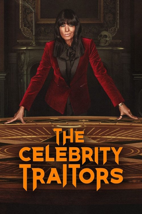 The poster features a woman in a red blazer leaning over a wooden table, her expression serious and contemplative. The warm lighting casts dramatic shadows, enhancing the mysterious and suspenseful mood. Bold orange text reads "THE CELEBRITY TRAITORS," emphasizing the show's theme of uncovering h...