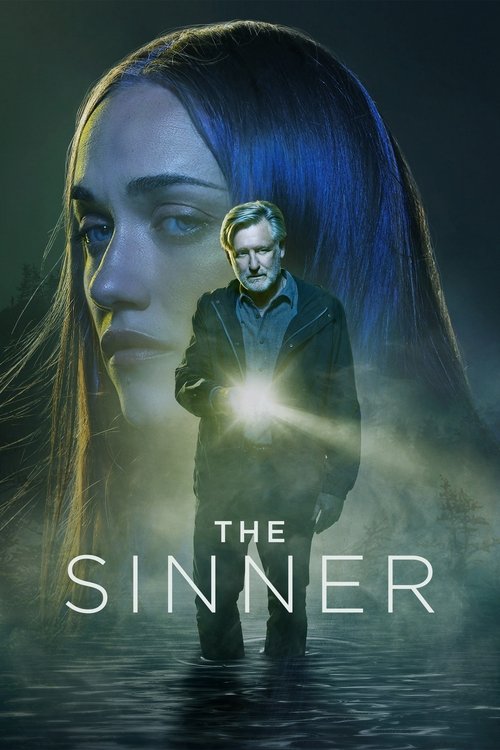 The poster features a hauntingly beautiful woman with long dark hair, her face partially obscured by shadows. In the center, a mysterious figure stands with a glowing light emanating from their chest, casting eerie light on the dark, misty background. The title "THE SINNER" is prominently display...
