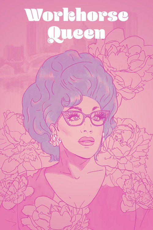 The poster features a glamorous woman with voluminous purple hair and glasses, exuding confidence against a soft pink background adorned with floral patterns. The title "Workhorse Queen" is prominently displayed at the top, suggesting a blend of strength and elegance in a whimsical, artistic style.