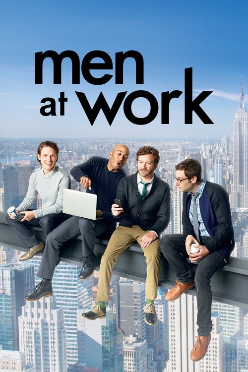 The poster features four men in business attire sitting on a high-rise balcony overlooking a bustling city skyline. The warm tones of their clothing contrast with the cool blue sky, creating a professional yet relaxed atmosphere. Their confident expressions and relaxed postures suggest a humorous...