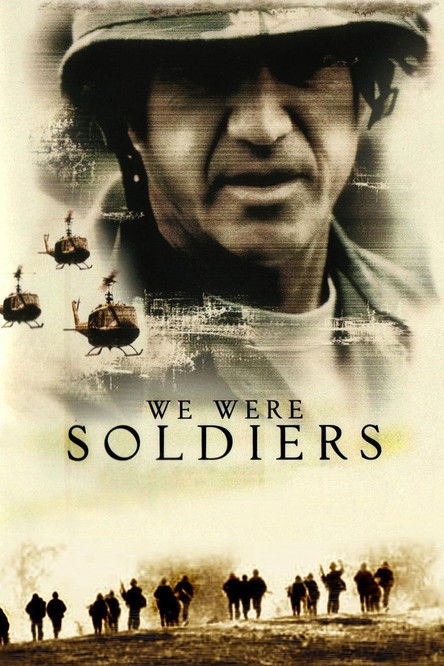 This movie poster features a somber, sepia-toned image of a soldier's face, evoking a sense of resilience and hardship. The title "We Were Soldiers" is prominently displayed in bold, uppercase letters, accompanied by silhouettes of soldiers marching in the background. The muted color palette and ...