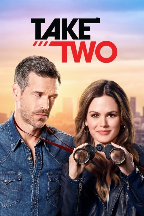 The poster features a man and woman in denim, holding binoculars against a warm sunset backdrop. The title "TAKE TWO" is prominently displayed in bold red and black letters. The mood is adventurous and cinematic, suggesting a thrilling exploration story.