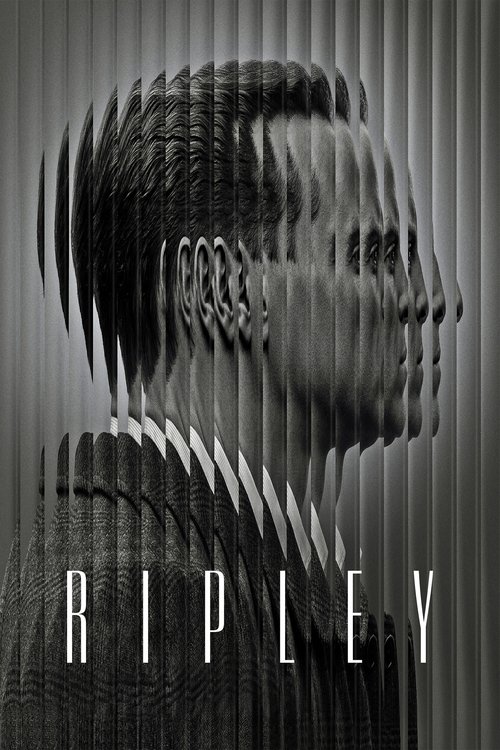 The poster features a monochromatic portrait of a man with a fragmented, layered face, evoking mystery and intrigue. The bold, sans-serif text "RIPLEY" anchors the composition, suggesting a powerful narrative. The vertical stripes add depth and texture, enhancing the dramatic and suspenseful atmo...