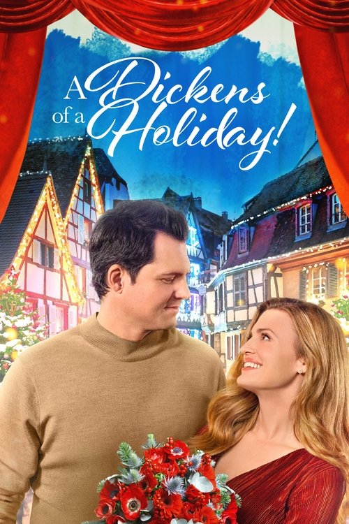 The poster features a man and woman in warm tones against a festive backdrop. The man wears a beige sweater, while the woman dons a red dress. They hold a bouquet of red flowers, suggesting romance and holiday cheer. The background depicts charming European buildings bathed in warm light, evoking...