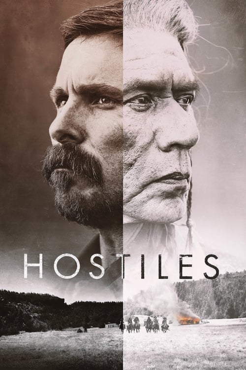 The poster features two split faces of a rugged man, one with a beard and the other with a mustache, evoking a sense of historical tension. The muted sepia tones and shadowed landscape create a somber, dramatic mood. The title "HOSTILES" is boldly displayed in white, anchoring the image with a se...