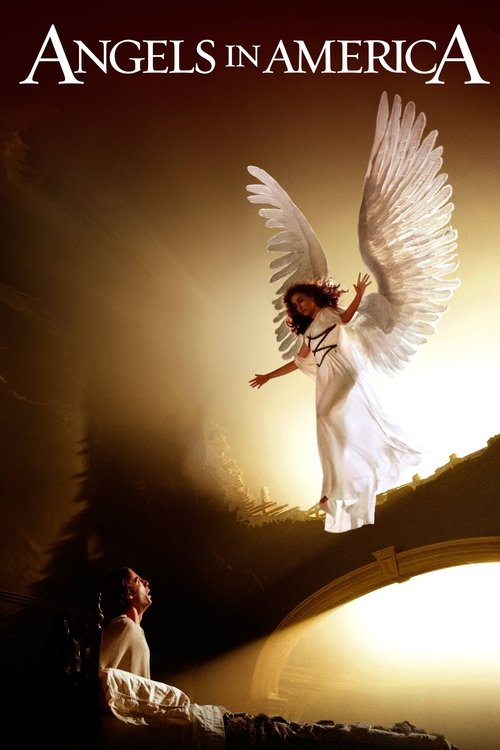 The poster features a serene scene with a woman in white sitting on a stone archway, gazing upward toward a radiant angelic figure soaring above. The warm golden hues and soft lighting evoke a sense of peace and divine presence, capturing the show's spiritual and inspirational theme.