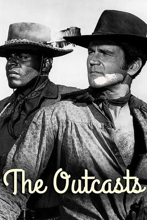 This vintage Western poster features two rugged cowboys in black-and-white, exuding a gritty, noir atmosphere. The sepia tones and sepia lettering evoke a classic 1950s film aesthetic, capturing the raw emotion and drama of the Outcasts.